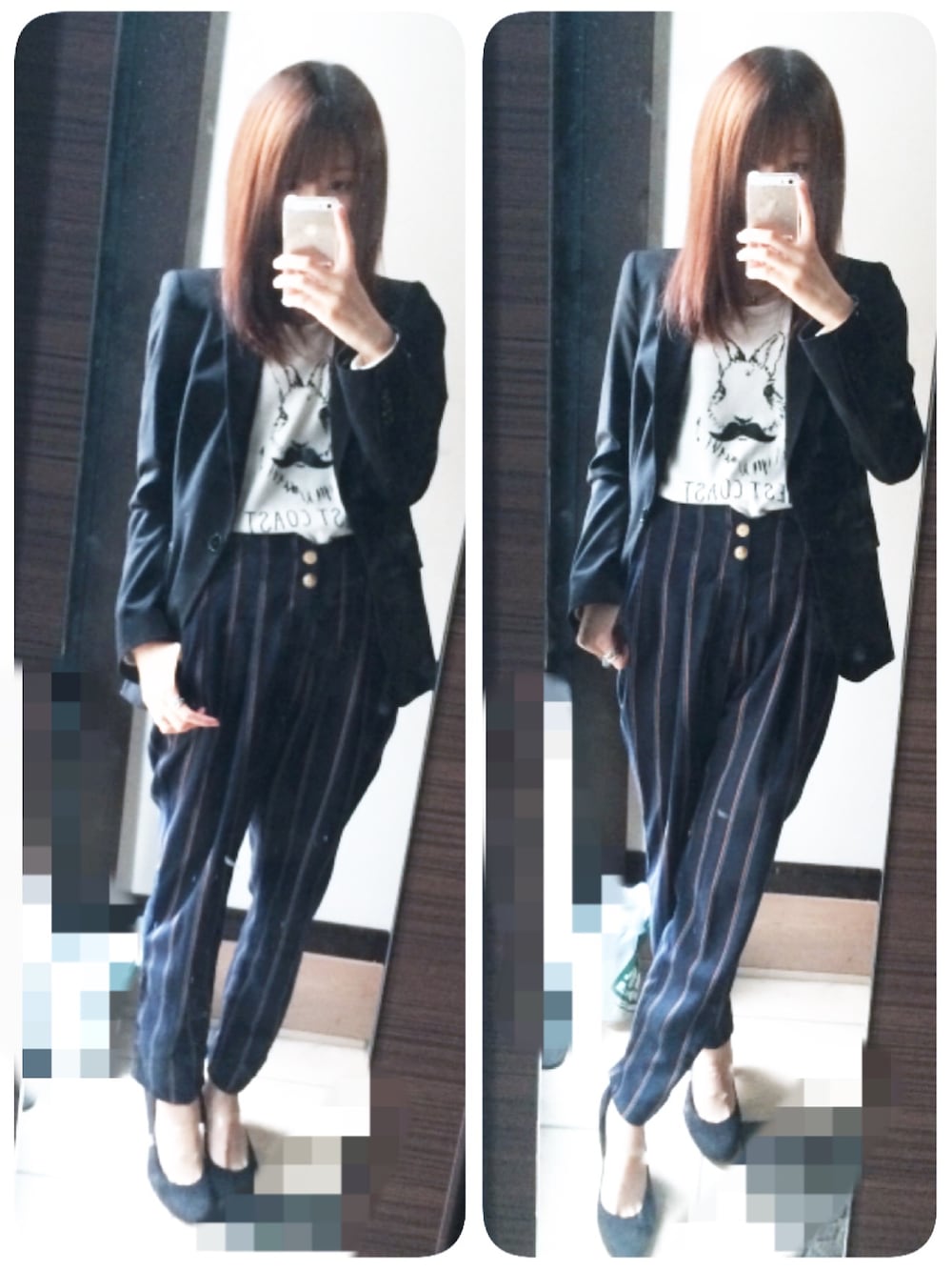 「ヒゲ、ジャケット、ストライプ、ストライプパンツ、うさぎ、ZARA、ESPERANZA」｜「archivesのストライプＷロングパンツ（その他パンツ、ブルー系）」を使った、moepiさん（レディース・159cm）の秋コーディネートの1枚目の写真