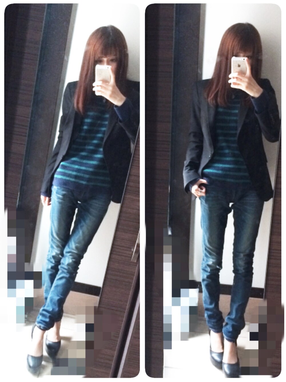 「ジャケット、ボーダー、ニット、ハイネック、スキニーデニム、ZARA、GU、AZUL by moussy、R&E」｜「GUの（GU）ミニハイネックセーター（ボーダー・長袖）（トップス、ブルー系）」を使った、moepiさん（レディース・159cm）の秋コーディネートの1枚目の写真
