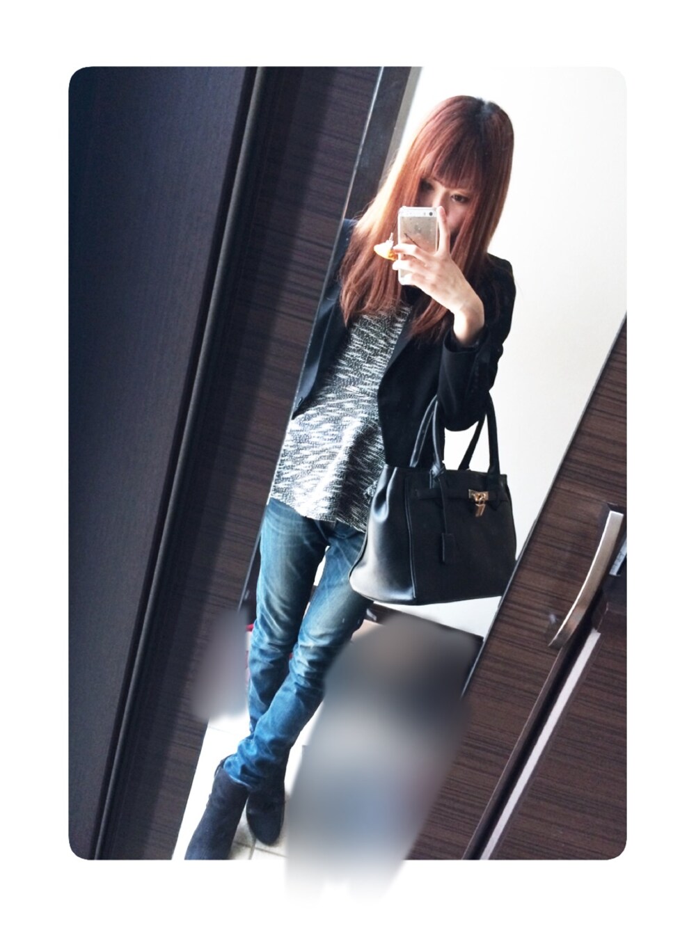 「ZARA、AZUL by moussy、LIP SERVICE、LIPSERVICE、ジャケット、パンツ、スキニーデニム、黒」｜「LIPSERVICEのツイードフレアチュニック SET UP（チュニック、ブラック系）」を使った、moepiさん（レディース・159cm）の春コーディネートの1枚目の写真