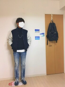 「黒リュック」｜「アイテム（スタジャン）」を使った、あきさん（メンズ・170cm）の秋コーディネート