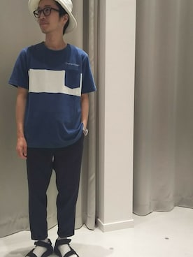 「MYSELF ABAHOUSE（マイセルフアバハウス）のインディゴボーダーポケＴ（Tシャツ/カットソー、ブルー系）」を使った、川上さん（メンズ・165cm）の夏コーディネート