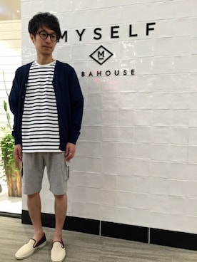 「MYSELF ABAHOUSE（マイセルフアバハウス）のSUVIN Vｶｰﾃﾞ（カーディガン/ボレロ、ブルー系）」を使った、川上さん（メンズ・165cm）の夏コーディネート