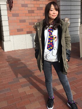 「ディズニー」｜「アイテム（モッズコート）」を使った、あゆさん（レディース・154cm）の冬コーディネート