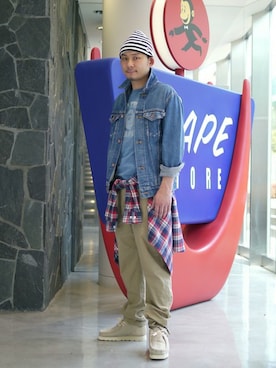 「A BATHING APE（アベイシングエイプ）のアイテム（デニムジャケット）」を使った、古谷幸多さん（メンズ・174cm）の春コーディネート