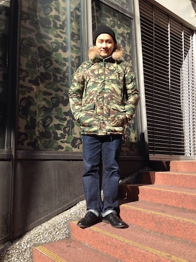 「A BATHING APE（アベイシングエイプ）のアイテム（ニットキャップ/ビーニー）」を使った、古谷幸多さん（メンズ・174cm）の冬コーディネート