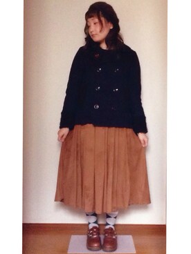 「ベロアスカート」｜「アイテム（ピーコート）」を使った、りさん（レディース・163cm）の冬コーディネート