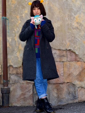 「HARE（ハレ）のベルトツキWチェスターコート(HARE) （チェスターコート、グレー系）」を使った、あすかさん（レディース・163cm）の冬コーディネート