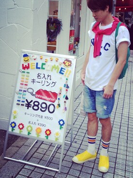 「アイテム（Tシャツ/カットソー、ホワイト系）」を使った、Kyo先生さん（メンズ・178cm）の夏コーディネート
