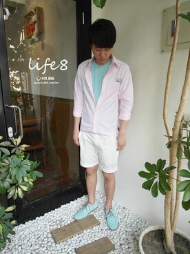 「Life 8のアイテム（その他シューズ、グリーン系）」を使った、Kyo先生さん（メンズ・178cm）の夏コーディネート