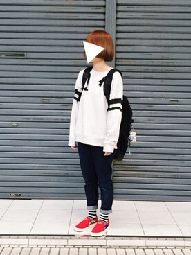 「ボーダーソックス」｜「アイテム（スウェット）」を使った、みみみさん（レディース・153cm）の秋コーディネート