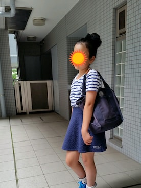 「PinkLatte（ピンクラテ）のアイテム（スカート、ブルー系）」を使った、ポーさん（キッズ・149cm）の夏コーディネート