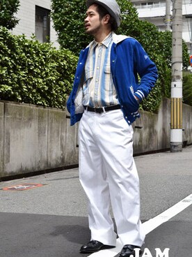「大阪」｜「アイテム（スタジャン）」を使った、古着屋JAMさん（メンズ・166cm）の夏コーディネート