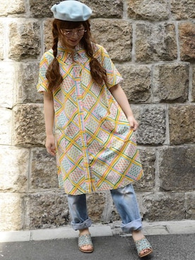 「70's」｜「アイテム（シャツワンピース）」を使った、古着屋JAMさん（レディース・160cm）の夏コーディネート