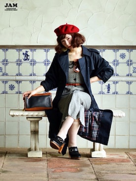 「ヴィンテージワンピース」｜「アイテム（トレンチコート）」を使った、古着屋JAMさん（レディース・160cm）の秋コーディネート