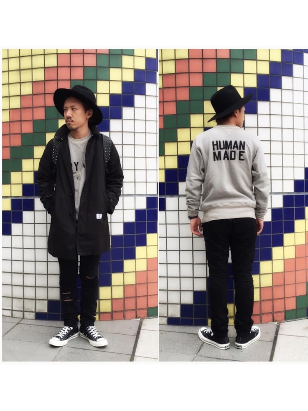 「ハット、HUMAN MADE、audemarspiguet、クラッシュデニム、BOB、BEDWIN、converse、GIVENCHY」｜「BEAMSのHUMAN MADE / SWEAT SHIRT（HM9-C-005）（スウェット、グレー系）」を使った、イニシャルBさん（メンズ・165cm）の春コーディネートの1枚目の写真
