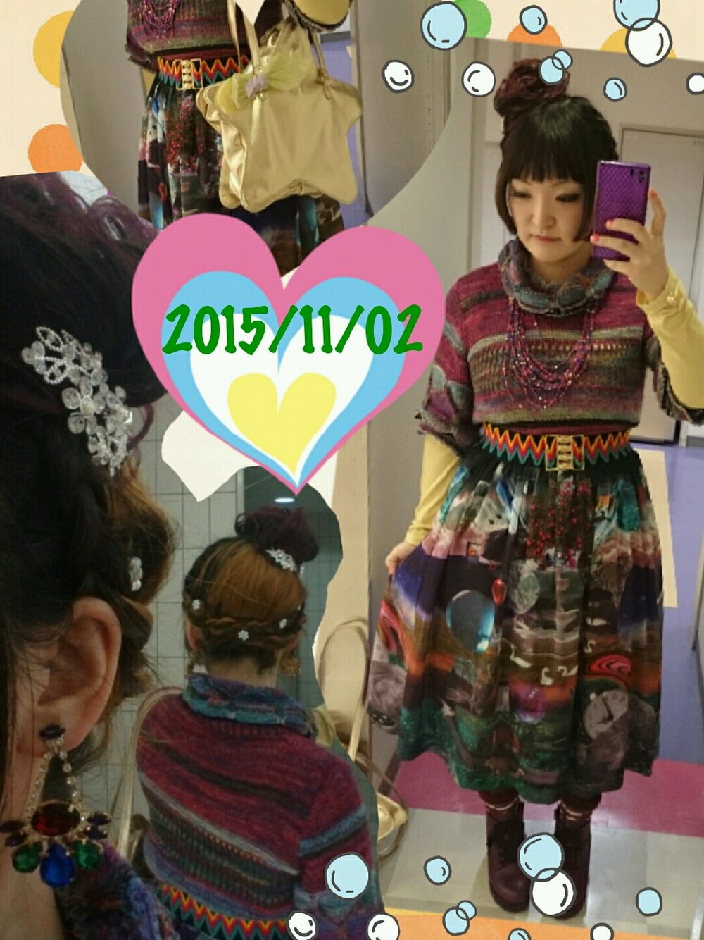 ブラック系のスカート、ゴールド系のバッグ、シルバー系のヘアアクセサリーを着用したレディースの秋コーディネートの1枚目の写真