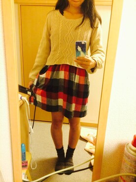 「赤チェック」｜「アイテム（チュニック）」を使った、いおりさん（レディース・157cm）の秋コーディネート