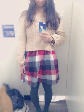 「赤チェック」｜「アイテム（チュニック）」を使った、いおりさん（レディース・157cm）の冬コーディネート