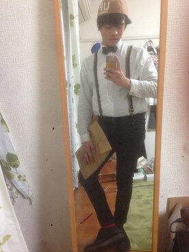 「レザーブーツ」｜「アイテム（蝶ネクタイ）」を使った、ニャンちゅうさん（メンズ・167cm）の冬コーディネート