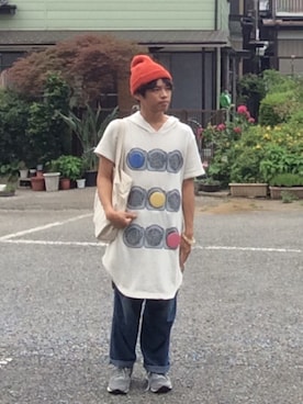 「TALKING ABOUT THE ABSTRACTION（トーキング　アバウト　ジ　アブストラクション）のアイテム（デニムパンツ）」を使った、ニャンちゅうさん（メンズ・167cm）の夏コーディネート