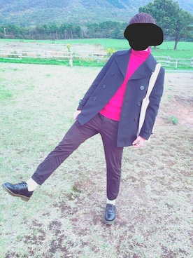 「UNIQLO（ユニクロ）のアイテム（ピーコート、ブラック系）」を使った、とーいさん（メンズ・183cm）の秋コーディネート