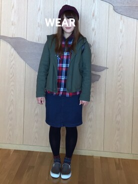 「earth music&ecology（アースミュージックアンドエコロジー）のアイテム（スカート、ブルー系）」を使った、pocccyar!!!!kaさん（レディース・160cm）の秋コーディネート