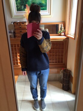 「KBF（ケイビーエフ）のKBF　ジャガードスリーブBIGニット（ニット/セーター、ブルー系）」を使った、pocccyar!!!!kaさん（レディース・160cm）の冬コーディネート