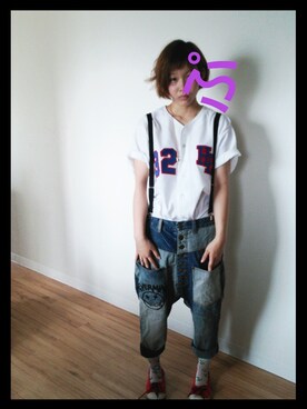 「本物の野球ユニフォーム(wilson)のアイテム（Tシャツ/カットソー、ホワイト系）」を使った、ぷぅさん（レディース・160cm）の秋コーディネート