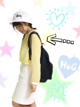 「STUSSY（ステューシー）のバケットハット（ハット、ホワイト系）」を使った、きりんさん（レディース・157cm）の夏コーディネート