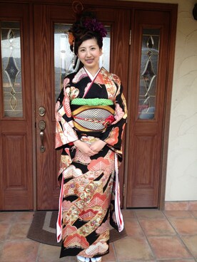 「アイテム（浴衣、ゴールド系）」を使った、mayuさん（レディース・159cm）の冬コーディネート