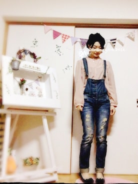「ピンクシャツ」｜「アイテム（オールインワン・サロペット）」を使った、みっきーさん（レディース・153cm）の冬コーディネート