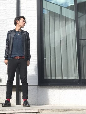 「エムエーワン」｜「アイテム（ライダースジャケット）」を使った、つぁんこさん（メンズ・180cm）の秋コーディネート