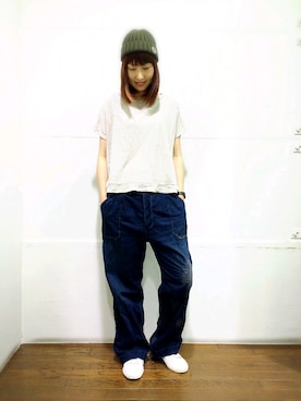 「ホワイトスニーカー」｜「アイテム（ニットキャップ/ビーニー）」を使った、Kaoriさん（レディース・166cm）の夏コーディネート