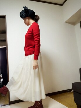 「UNIQLO（ユニクロ）のアイテム（カーディガン/ボレロ、レッド系）」を使った、kikoaさん（レディース・156cm）の秋コーディネート