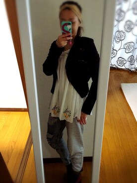 「JEANASIS（ジーナシス）のアイテム（ライダースジャケット、ブラック系）」を使った、kikoaさん（レディース・156cm）の秋コーディネート