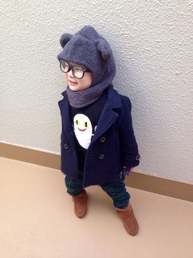 「ZARA KIDSのアイテム（ピーコート）」を使った、うまくんのかぞくさん（キッズ・90cm）の冬コーディネート