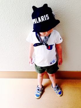 「MoL（モル）のアイテム（帽子）」を使った、うまくんのかぞくさん（キッズ・90cm）の春コーディネート