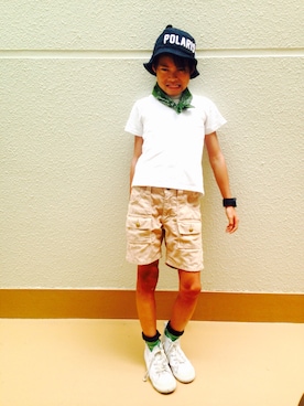 「MoL（モル）のアイテム（帽子）」を使った、うまくんのかぞくさん（キッズ・100cm）の夏コーディネート