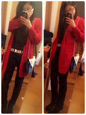 「one way（ワンウェイ）のアイテム（Cardigans、レッド系）」を使った、めぐみるくさん（レディース・164cm）の冬コーディネート