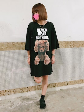 「MILKBOY（ミルクボーイ）のNEVER HEAR BEAR Tシャツ（Tシャツ/カットソー）」を使った、えんさん（レディース・158cm）の夏コーディネート