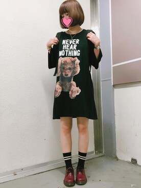 「MILKBOY（ミルクボーイ）のNEVER HEAR BEAR Tシャツ（Tシャツ/カットソー）」を使った、えんさん（レディース・158cm）の夏コーディネート