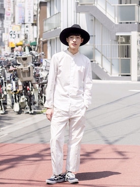 「MHL.」｜「アイテム（帽子）」を使った、並木一樹さん（メンズ・180cm）の春コーディネート