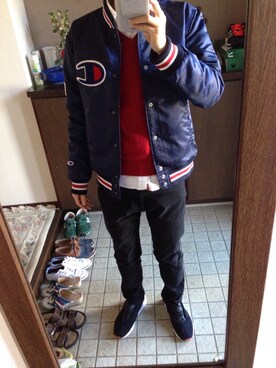 「Champion（チャンピオン）のアイテム（スタジャン、その他）」を使った、T@kahashiさん（メンズ・177cm）の冬コーディネート