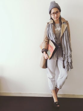「テーパードデニム」｜「アイテム（トレンチコート）」を使った、のぐちさん（レディース・163cm）の冬コーディネート