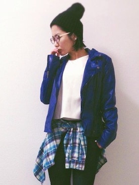 「ボンディング」｜「アイテム（ライダースジャケット）」を使った、のぐちさん（レディース・163cm）の春コーディネート