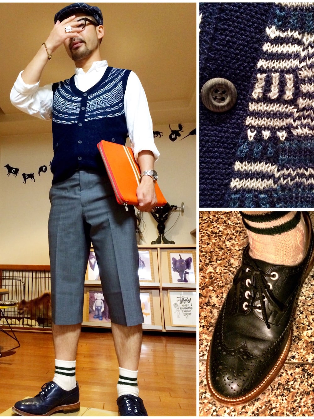 「プレッピー、クラッチバッグ、tricker's」｜「WHITE MOUNTAINEERINGのアイテム（ニット/セーター、ブルー系）」を使った、タケシィーさん（メンズ・170cm）の夏コーディネートの1枚目の写真