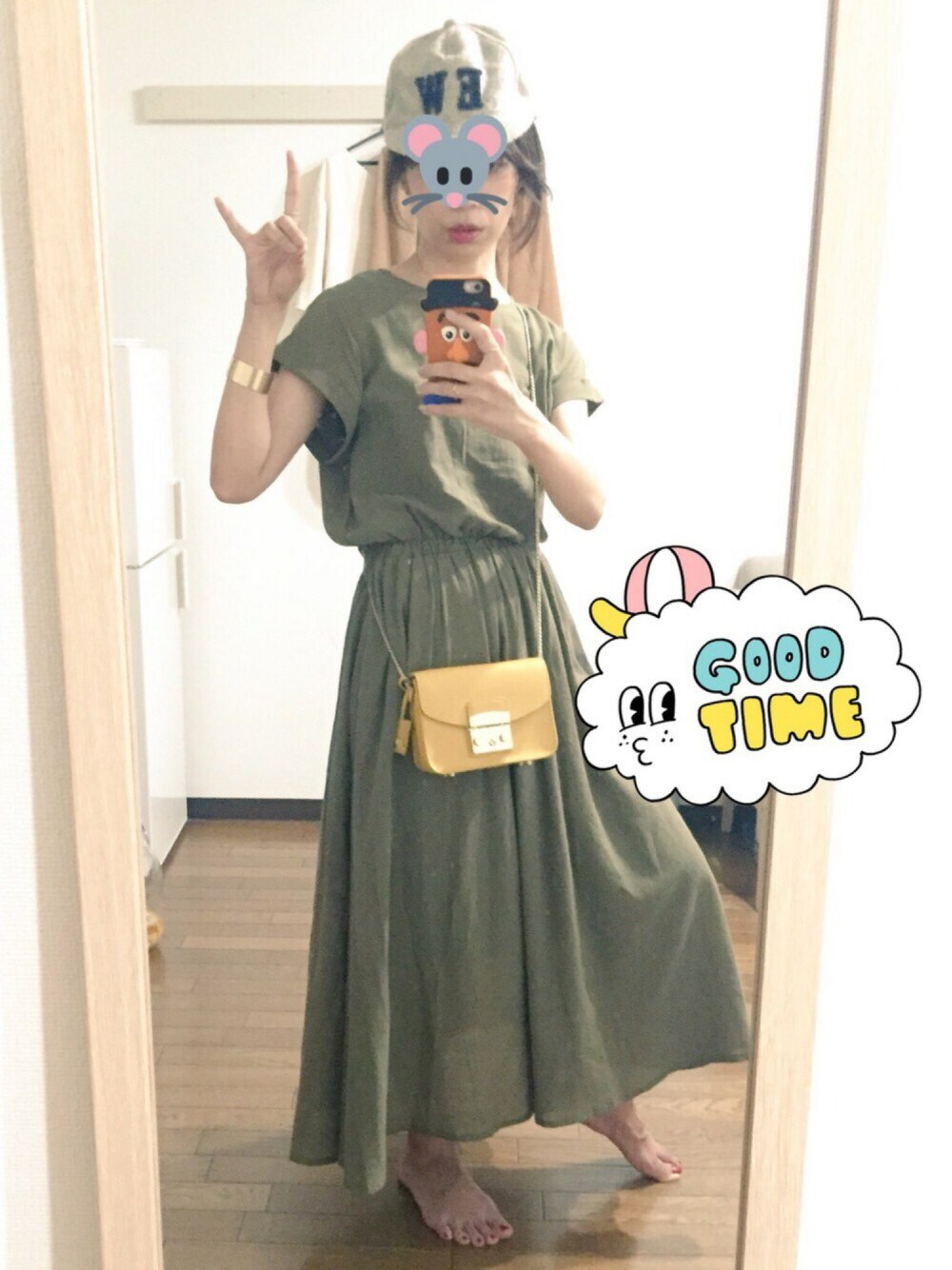 「ラクチンコーデ、プチプラ、シンプル、ワンピース、キャップ、GU」｜「GUのアイテム（ワンピース、グリーン系）」を使った、mamimiさん（レディース・157cm）の夏コーディネートの1枚目の写真
