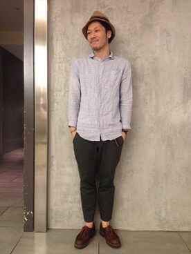 「Paraboot（パラブーツ）のアイテム（その他シューズ、ブラウン系）」を使った、嶺山 将也さん（メンズ・171cm）の夏コーディネート
