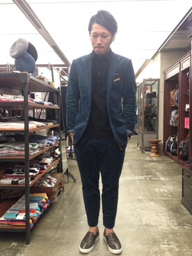 「NANO universe（ナノユニバース）のjunhashimoto nano・universe/ コーデュロイ 2BJK（テーラードジャケット、ブルー系）」を使った、嶺山 将也さん（メンズ・171cm）の夏コーディネート
