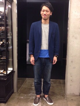 「FABIO RUSCONI（ファビオルスコーニ）のアイテム（その他シューズ、グレー系）」を使った、嶺山 将也さん（メンズ・171cm）の夏コーディネート